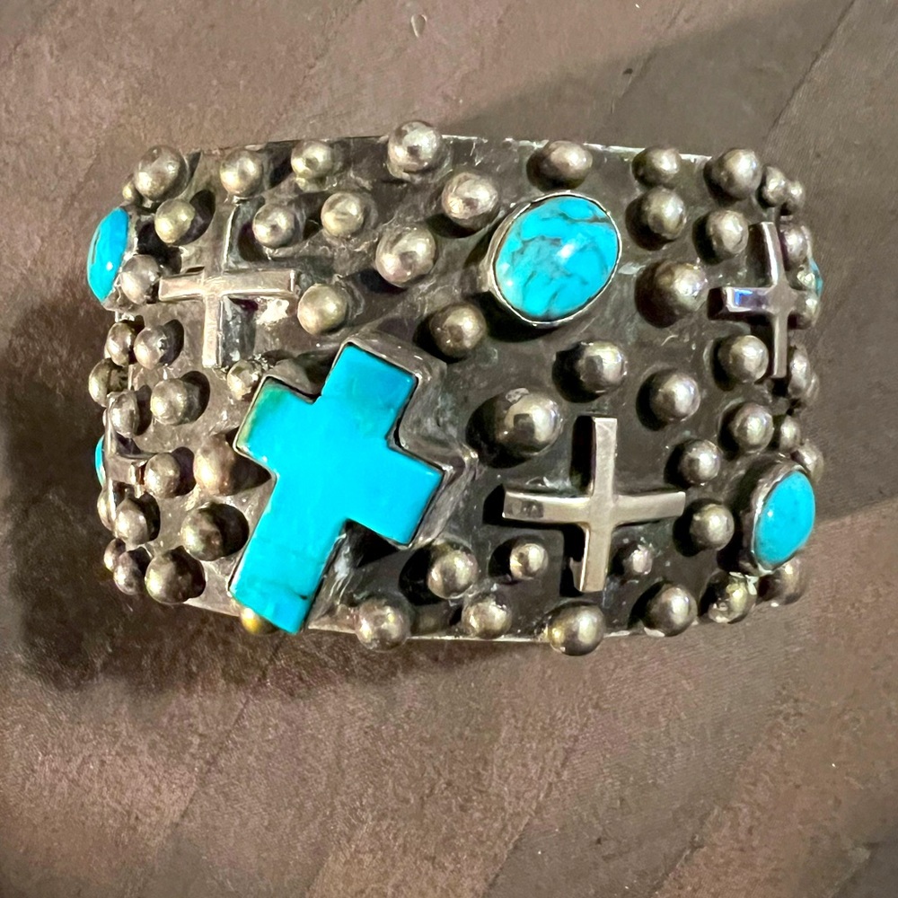 Sterling Turquoise cross dot Cuff Handmade Navajo Ronnie Willie